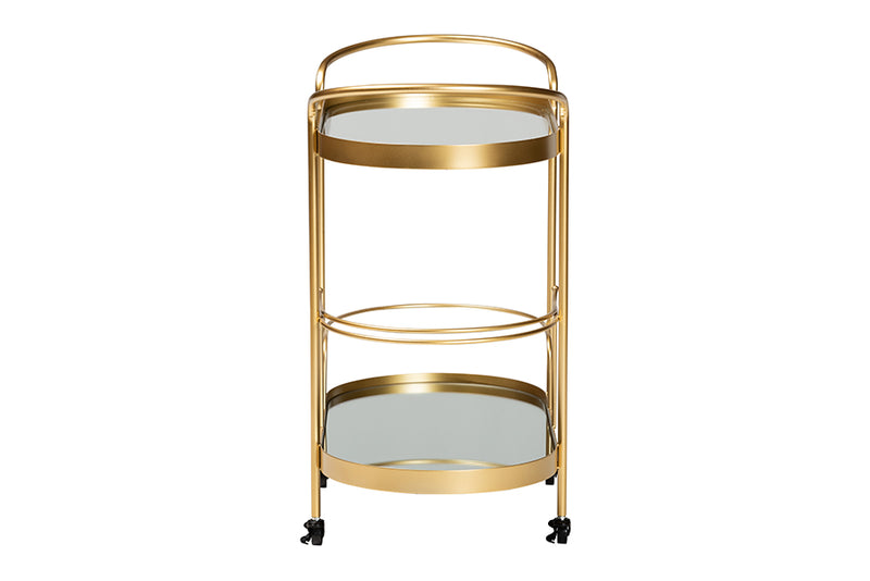 Tarmon Modern and Contemporary Glam Brushed Gold Finished Metal and Mirrored Glass 2-Tier Mobile Wine Bar Cart