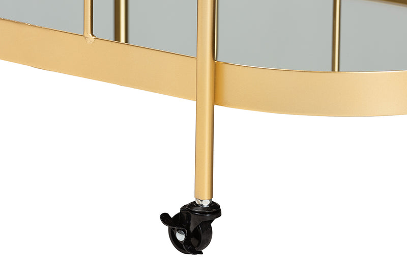 Tarmon Modern and Contemporary Glam Brushed Gold Finished Metal and Mirrored Glass 2-Tier Mobile Wine Bar Cart