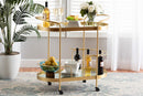 Tarmon Glam Brushed Gold Finished Mirrored Glass 2-Tier Mobile Wine Bar Cart Baxton