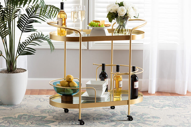 Tarmon Modern and Contemporary Glam Brushed Gold Finished Metal and Mirrored Glass 2-Tier Mobile Wine Bar Cart