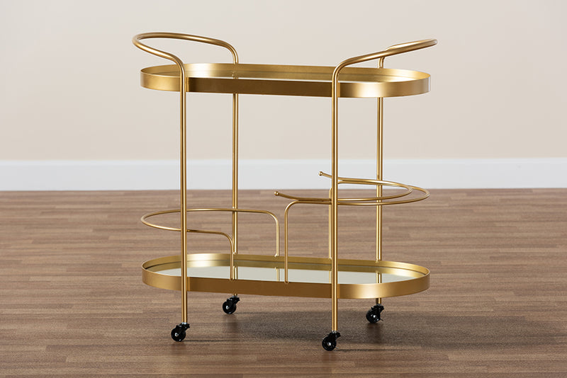 Tarmon Modern and Contemporary Glam Brushed Gold Finished Metal and Mirrored Glass 2-Tier Mobile Wine Bar Cart