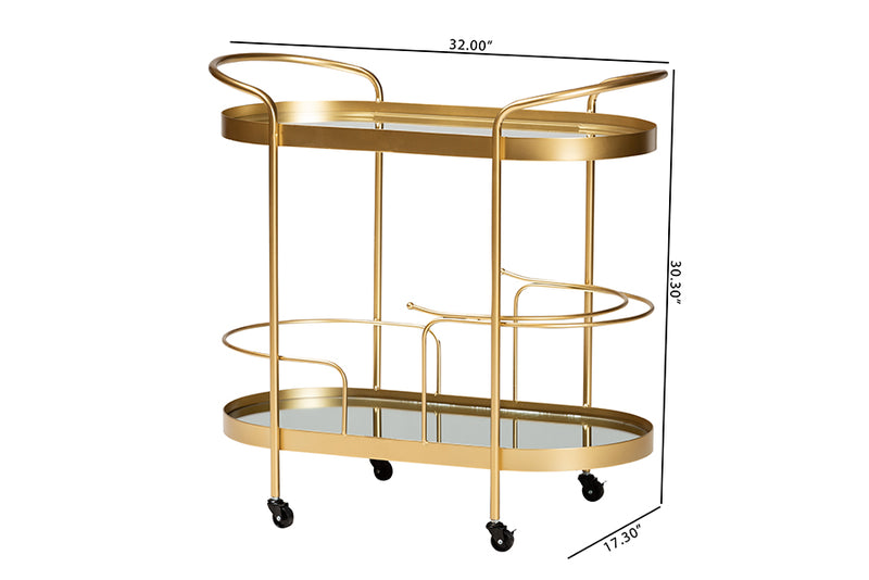 Tarmon Modern and Contemporary Glam Brushed Gold Finished Metal and Mirrored Glass 2-Tier Mobile Wine Bar Cart