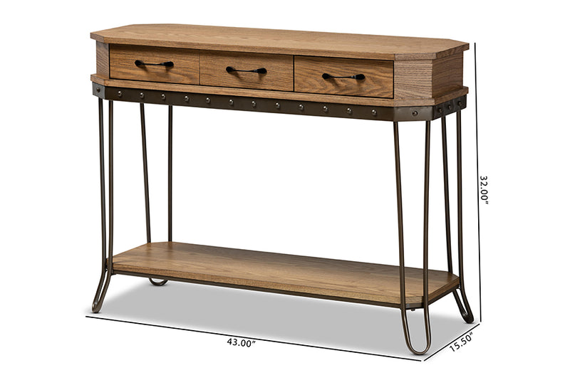 Adelyn Vintage Rustic Industrial Oak Brown Finished Wood and Black Finished Metal 3-Drawer Console Table 