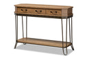 Adelyn Oak Brown and Black Finished Metal 3-Drawer Console Table  Baxton