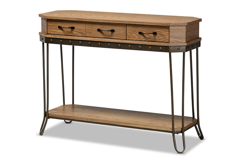 Adelyn Oak Brown and Black Finished Metal 3-Drawer Console Table  Baxton