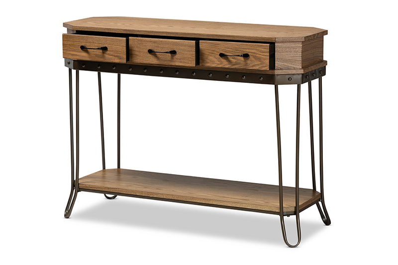 Adelyn Vintage Rustic Industrial Oak Brown Finished Wood and Black Finished Metal 3-Drawer Console Table 