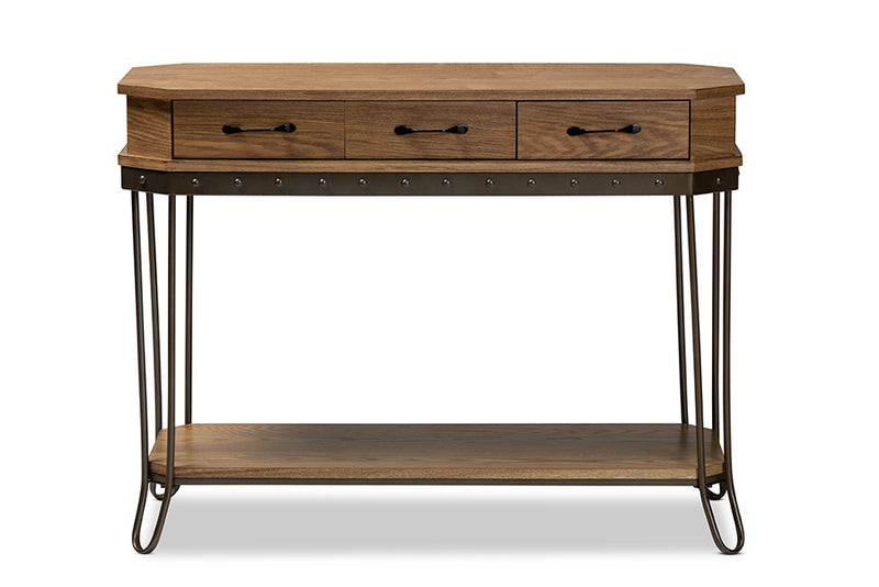 Adelyn Vintage Rustic Industrial Oak Brown Finished Wood and Black Finished Metal 3-Drawer Console Table 