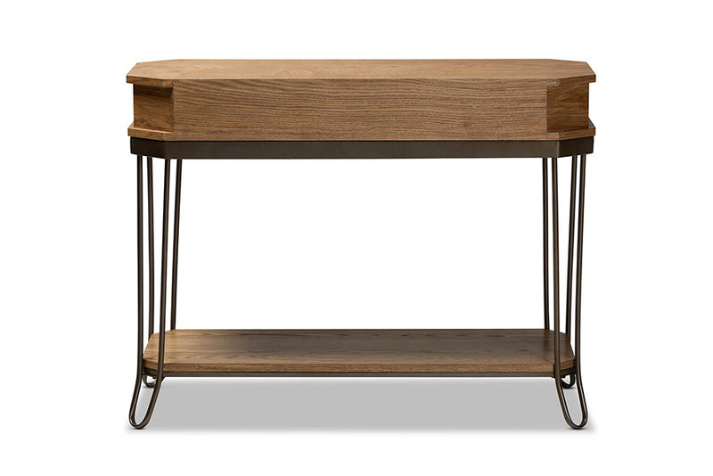 Adelyn Oak Brown and Black Finished Metal 3-Drawer Console Table  Baxton