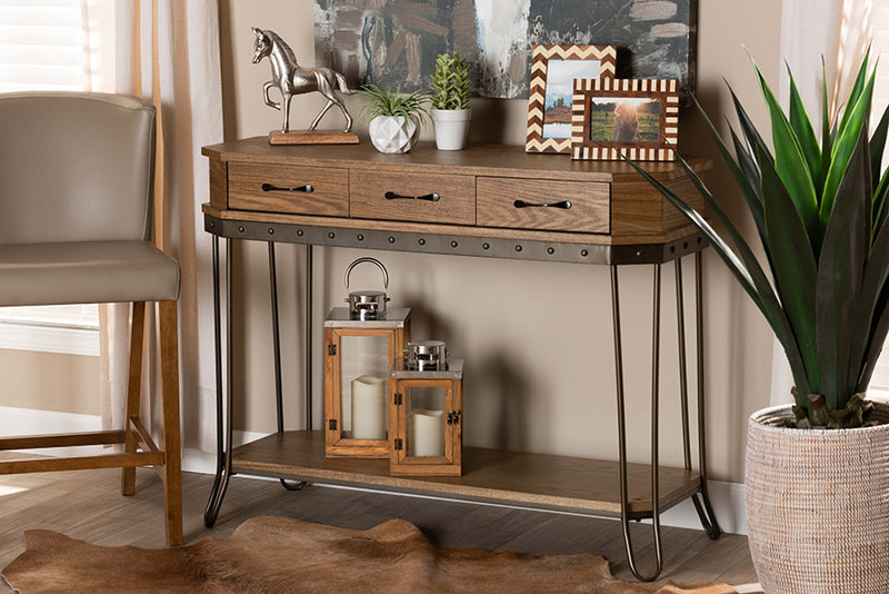 Adelyn Vintage Rustic Industrial Oak Brown Finished Wood and Black Finished Metal 3-Drawer Console Table 