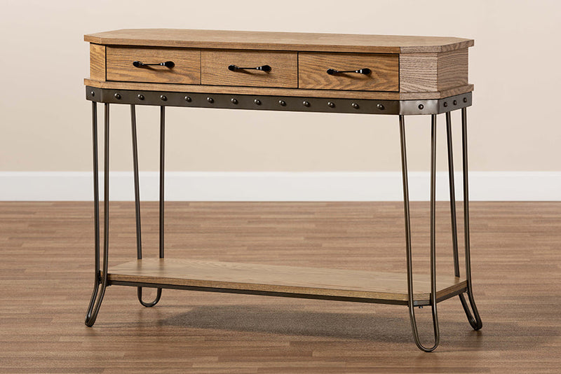 Adelyn Oak Brown and Black Finished Metal 3-Drawer Console Table  Baxton