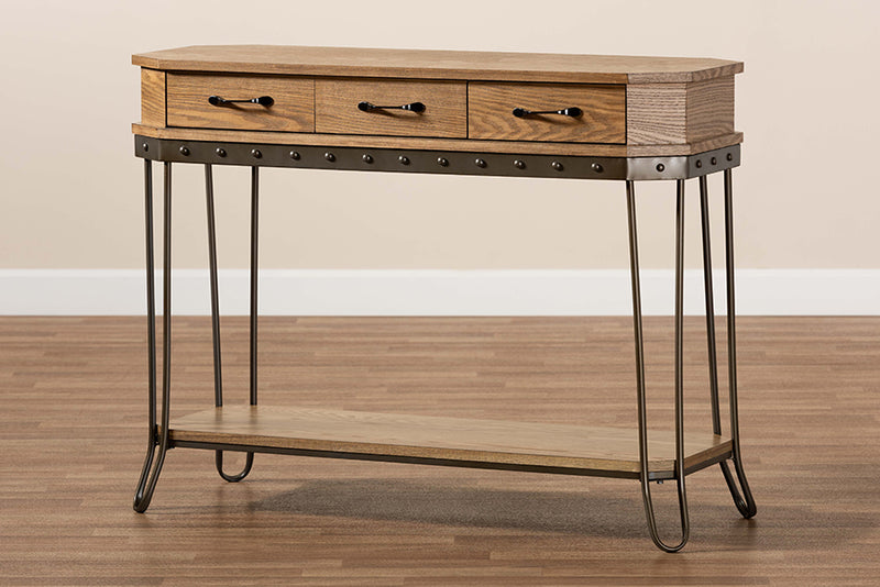 Adelyn Vintage Rustic Industrial Oak Brown Finished Wood and Black Finished Metal 3-Drawer Console Table 