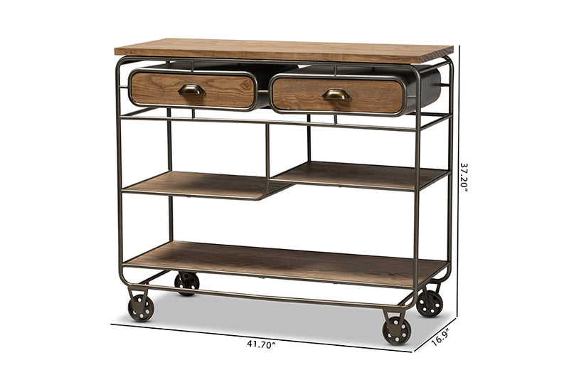 Georgia Vintage Rustic Industrial Oak Brown Finished Wood and Black Finished Metal 2-Drawer Kitchen Cart