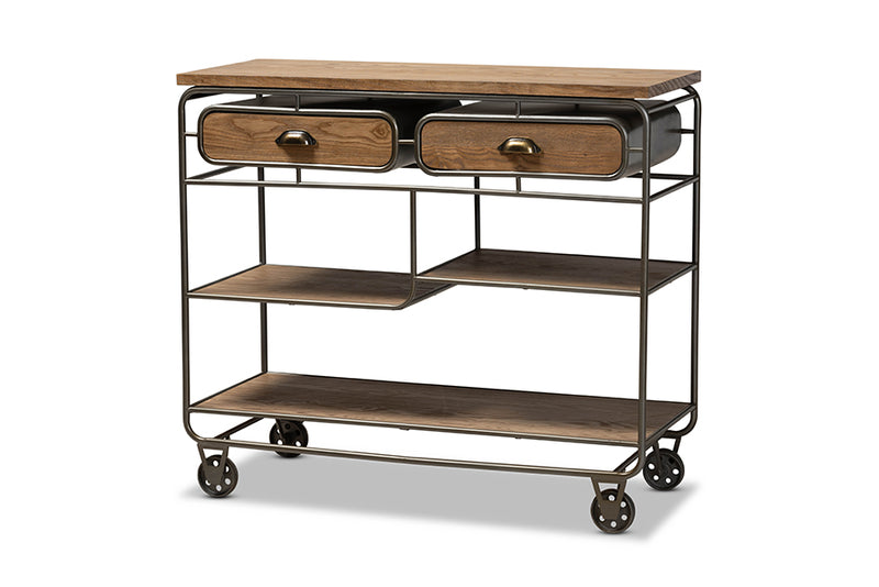 Georgia Vintage Rustic Industrial Oak Brown Finished Wood and Black Finished Metal 2-Drawer Kitchen Cart