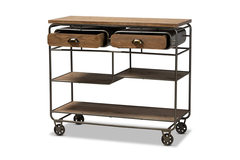 Georgia Vintage Rustic Industrial Oak Brown Finished Wood and Black Finished Metal 2-Drawer Kitchen Cart