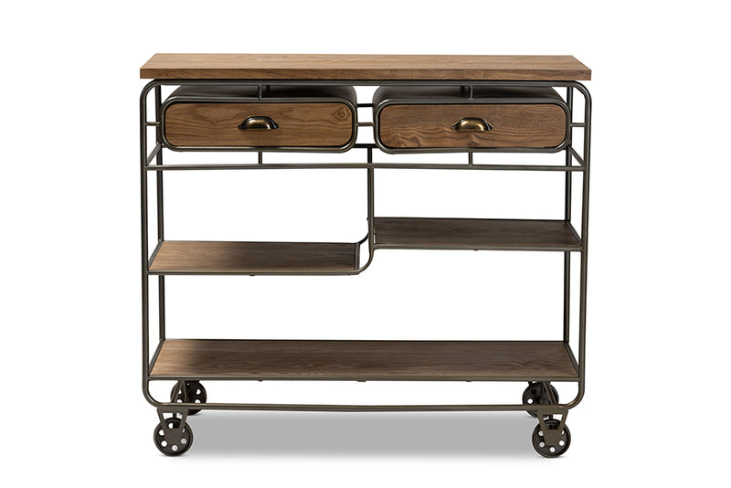 Georgia Vintage Rustic Industrial Oak Brown Finished Wood and Black Finished Metal 2-Drawer Kitchen Cart