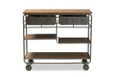Georgia Oak Brown and Black Finished Metal 2-Drawer Kitchen Cart Baxton