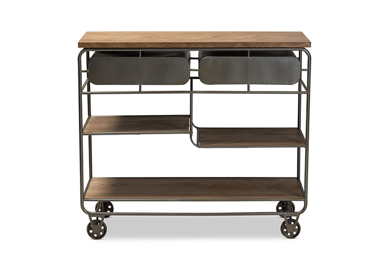 Georgia Vintage Rustic Industrial Oak Brown Finished Wood and Black Finished Metal 2-Drawer Kitchen Cart