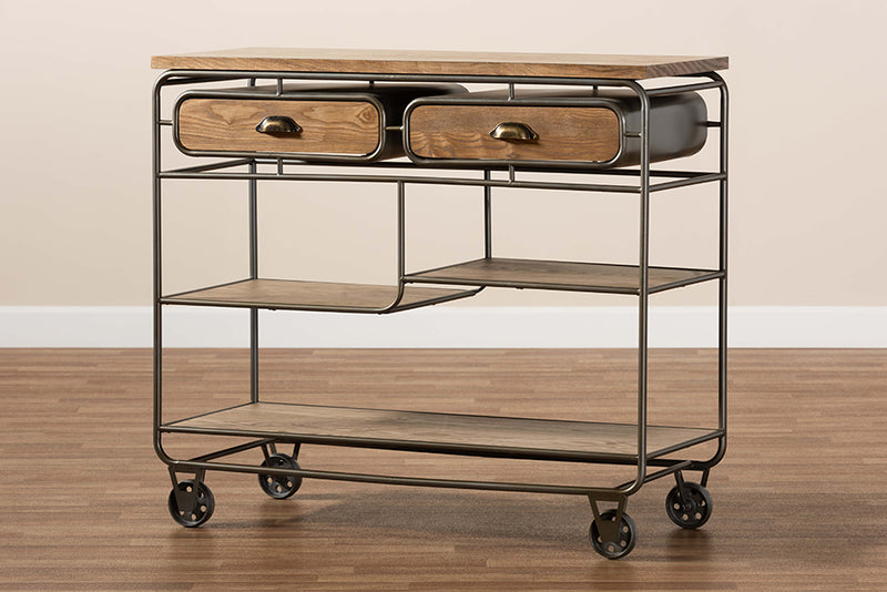 Georgia Vintage Rustic Industrial Oak Brown Finished Wood and Black Finished Metal 2-Drawer Kitchen Cart