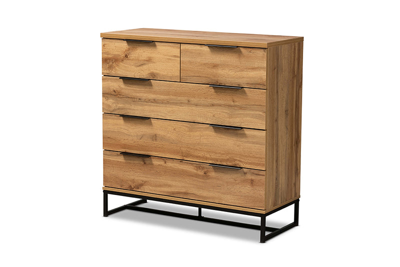 Irene Modern and Contemporary Oak Finished Wood and Black Finished Metal 5-Drawer Bedroom Chest