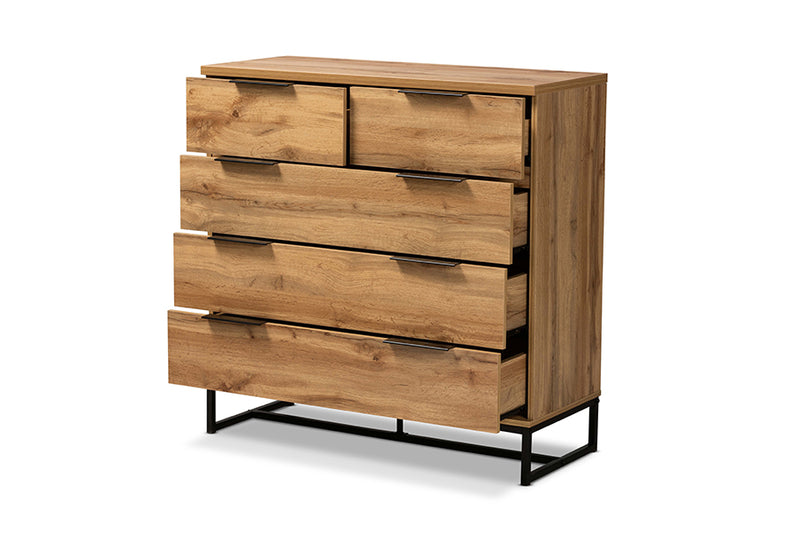 Irene Modern and Contemporary Oak Finished Wood and Black Finished Metal 5-Drawer Bedroom Chest