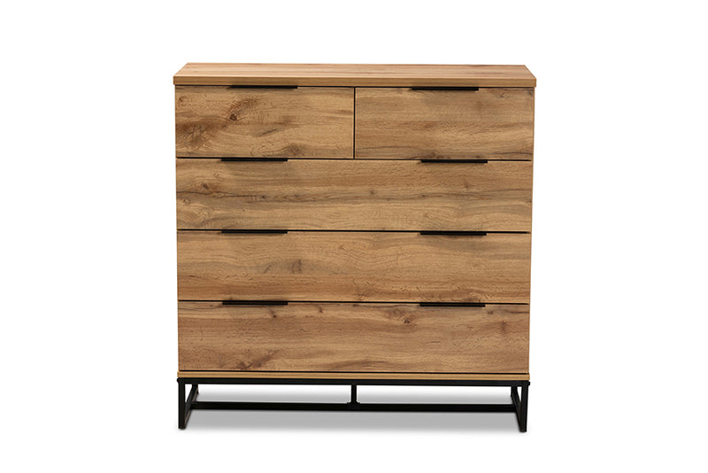 Irene Modern and Contemporary Oak Finished Wood and Black Finished Metal 5-Drawer Bedroom Chest