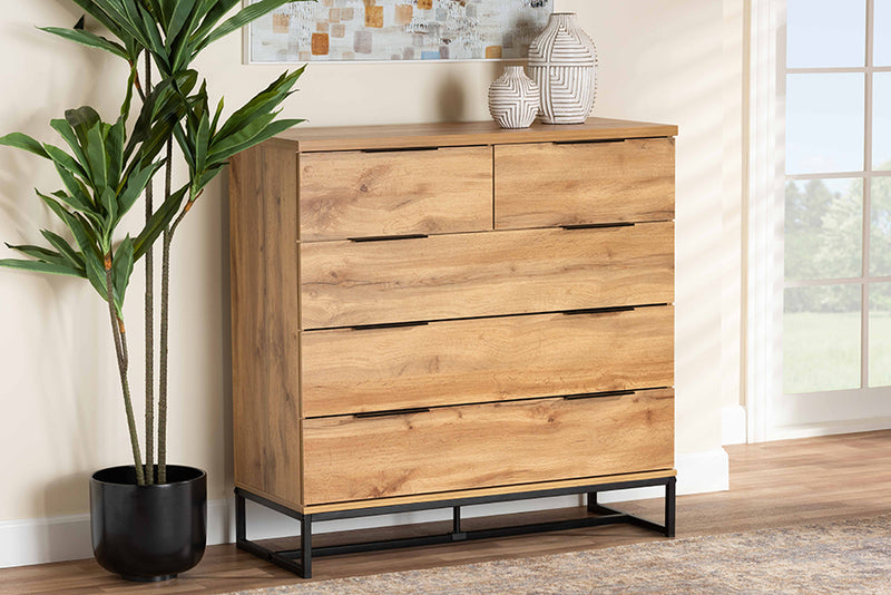 Irene Modern and Contemporary Oak Finished Wood and Black Finished Metal 5-Drawer Bedroom Chest