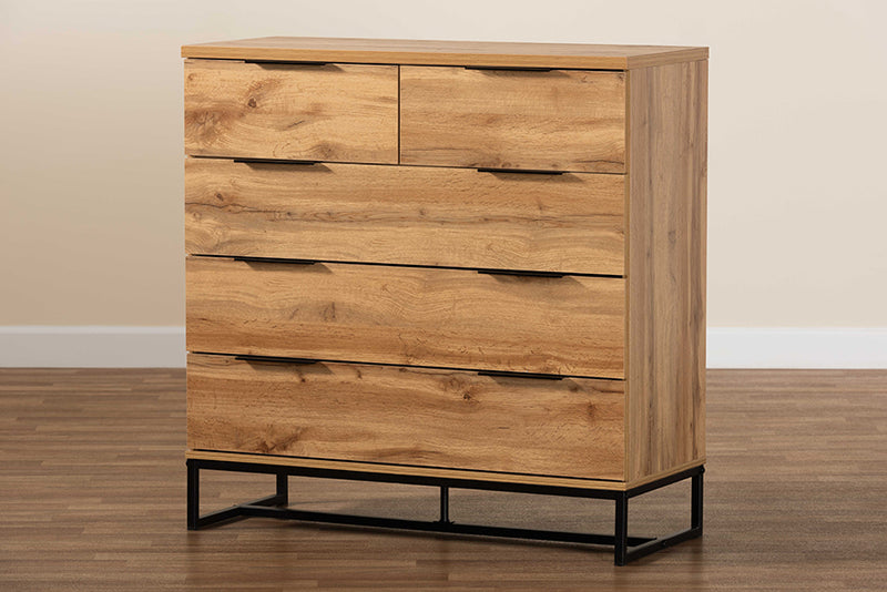 Irene Modern and Contemporary Oak Finished Wood and Black Finished Metal 5-Drawer Bedroom Chest