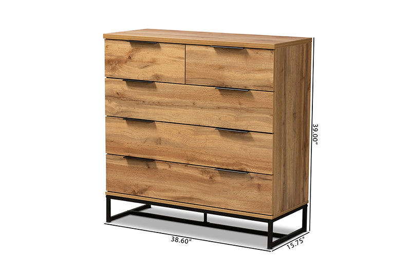 Irene Modern and Contemporary Oak Finished Wood and Black Finished Metal 5-Drawer Bedroom Chest