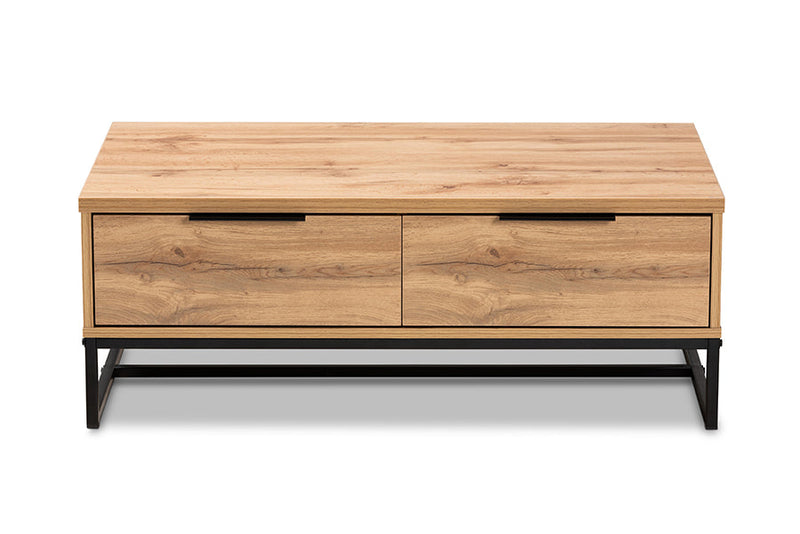 Irene Oak Brown and Black Finished Metal 2-Drawer Coffee Table Baxton