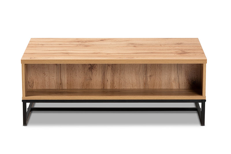 Irene Oak Brown and Black Finished Metal 2-Drawer Coffee Table Baxton