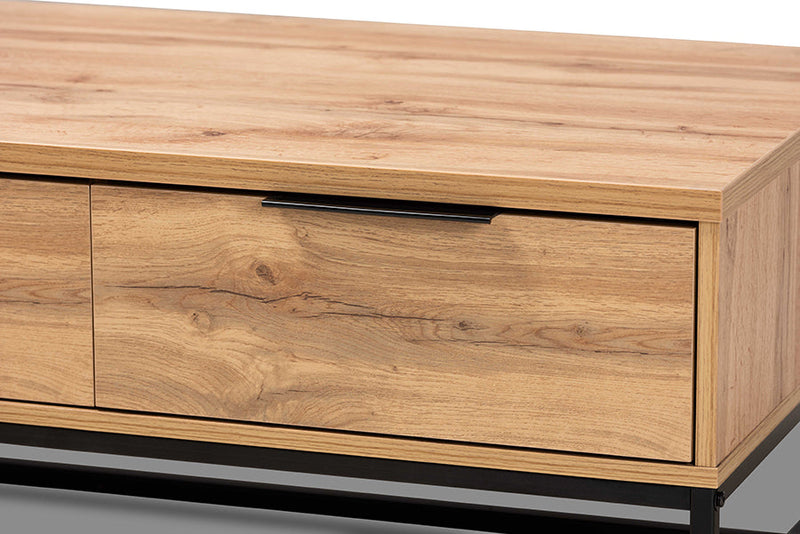 Irene Oak Brown and Black Finished Metal 2-Drawer Coffee Table Baxton