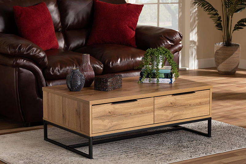 Irene Oak Brown and Black Finished Metal 2-Drawer Coffee Table Baxton