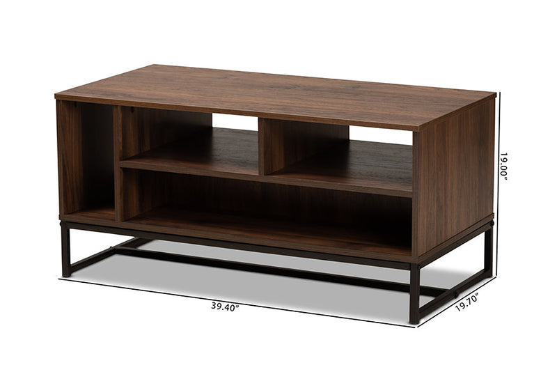 Estela Walnut Brown and Black Finished Metal Coffee Table Baxton