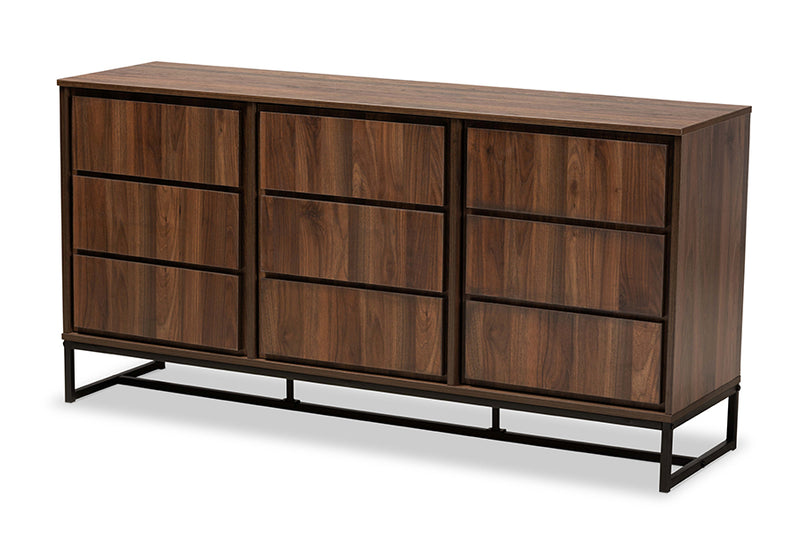 Elodia Modern and Contemporary Walnut Brown Finished Wood and Black Finished Metal 3-Door Dining Room Sideboard Buffet