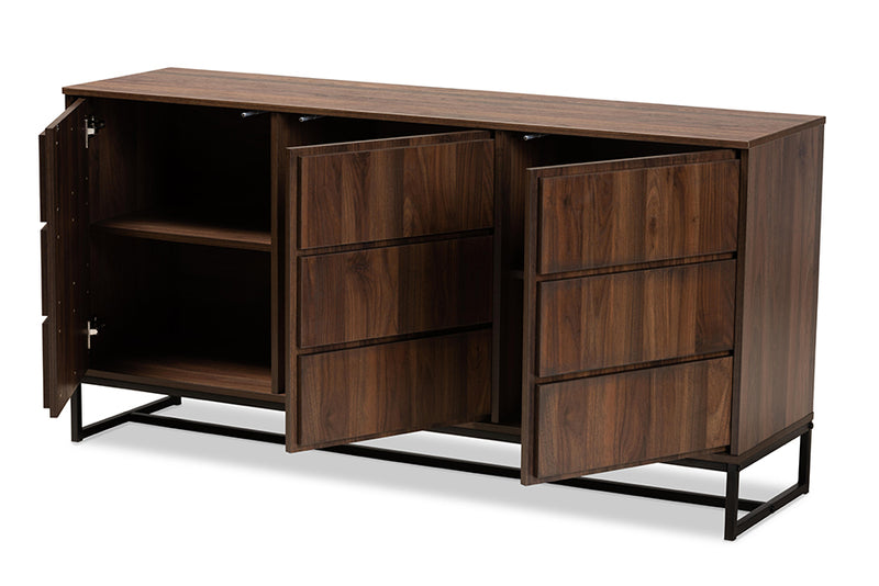 Elodia Modern and Contemporary Walnut Brown Finished Wood and Black Finished Metal 3-Door Dining Room Sideboard Buffet