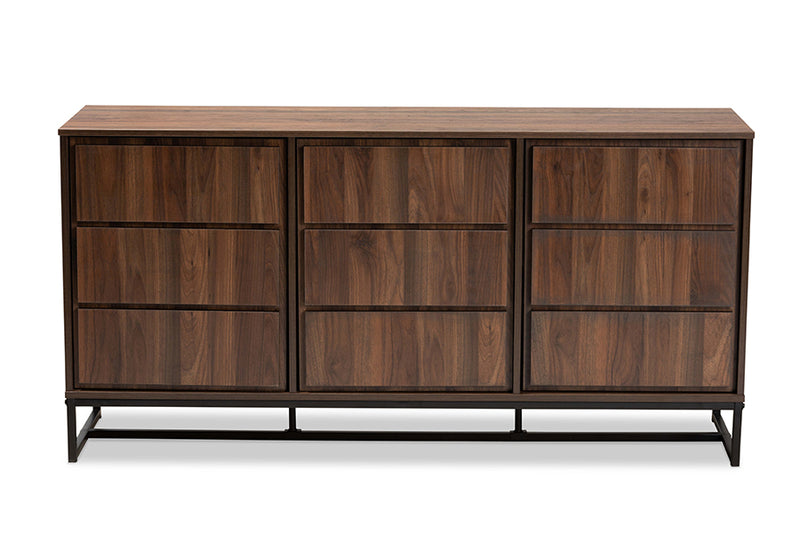 Elodia Modern and Contemporary Walnut Brown Finished Wood and Black Finished Metal 3-Door Dining Room Sideboard Buffet