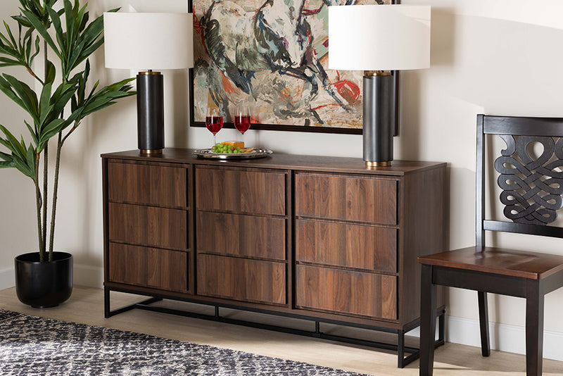 Elodia Modern and Contemporary Walnut Brown Finished Wood and Black Finished Metal 3-Door Dining Room Sideboard Buffet