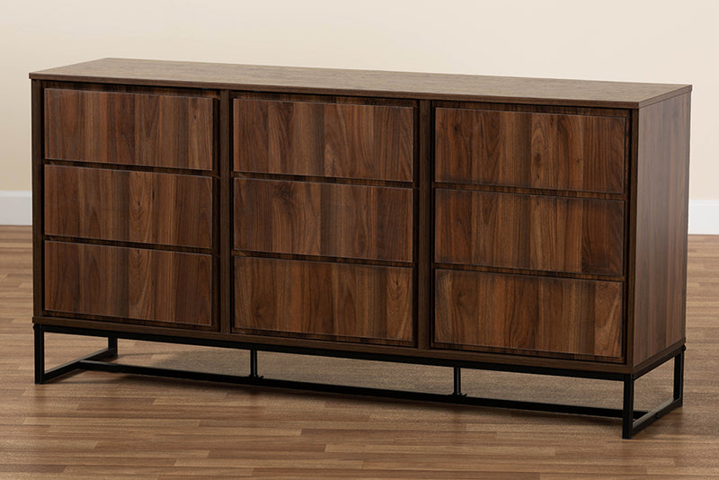 Elodia Modern and Contemporary Walnut Brown Finished Wood and Black Finished Metal 3-Door Dining Room Sideboard Buffet