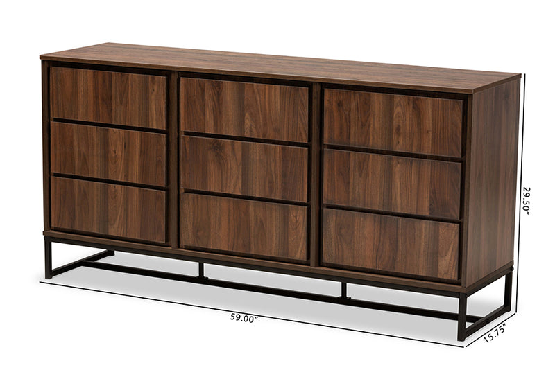 Elodia Modern and Contemporary Walnut Brown Finished Wood and Black Finished Metal 3-Door Dining Room Sideboard Buffet