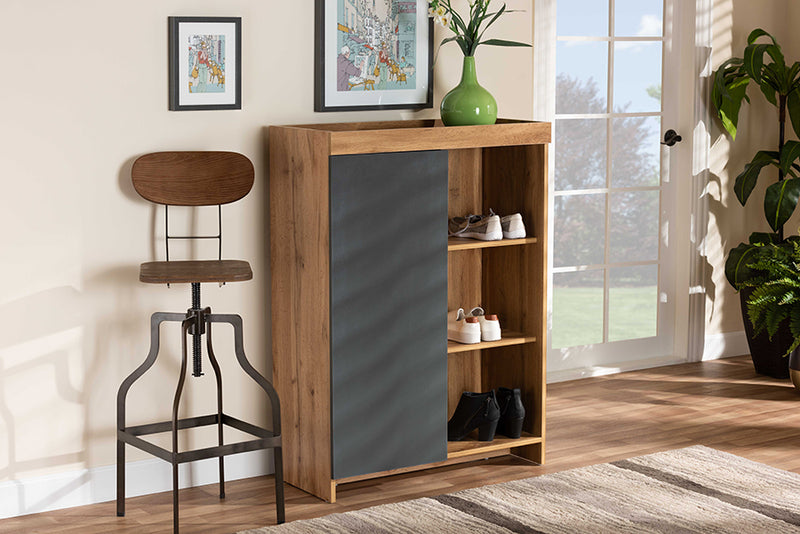 Vander Modern and Contemporary Two-Tone Gray and Oak Brown Finished Wood Shoe Cabinet