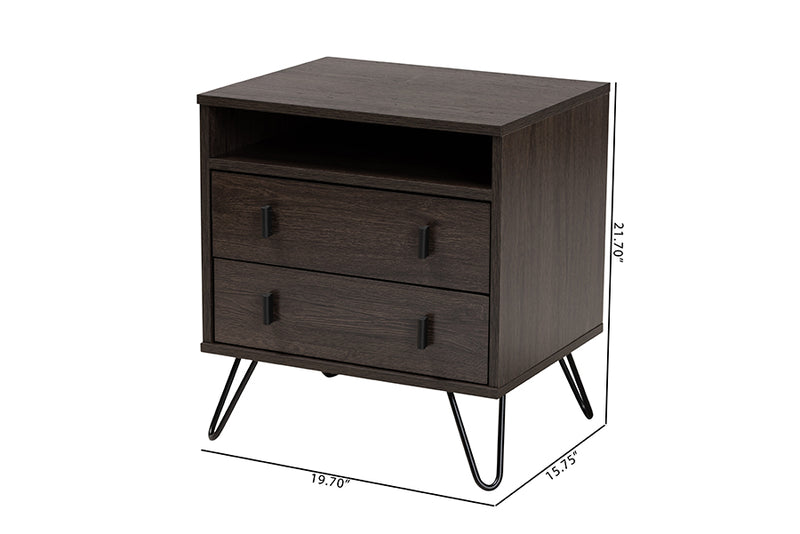 Chenoa Modern and Contemporary Dark Brown Finished Wood and Black Metal 2-Drawer Nightstand