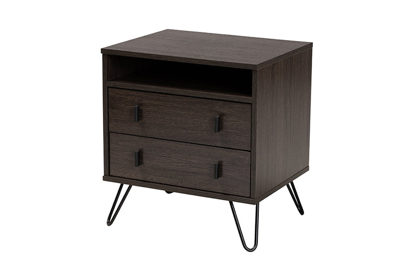 Chenoa Modern and Contemporary Dark Brown Finished Wood and Black Metal 2-Drawer Nightstand