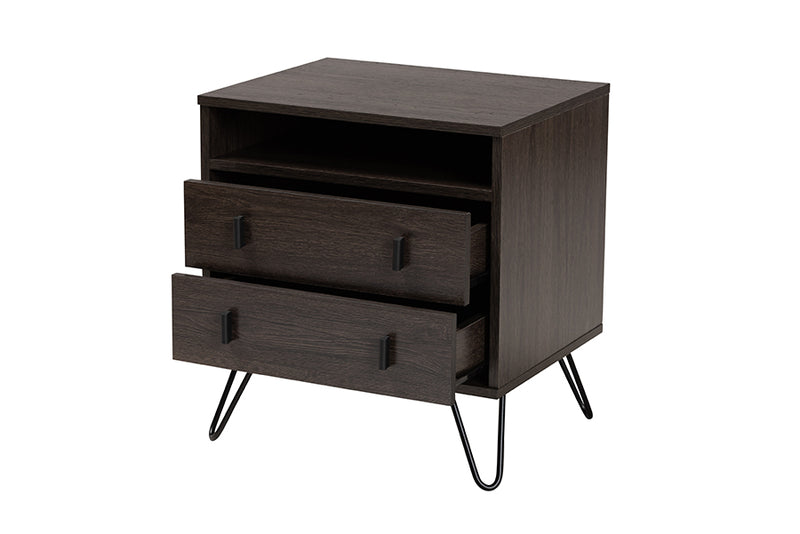 Chenoa Modern and Contemporary Dark Brown Finished Wood and Black Metal 2-Drawer Nightstand