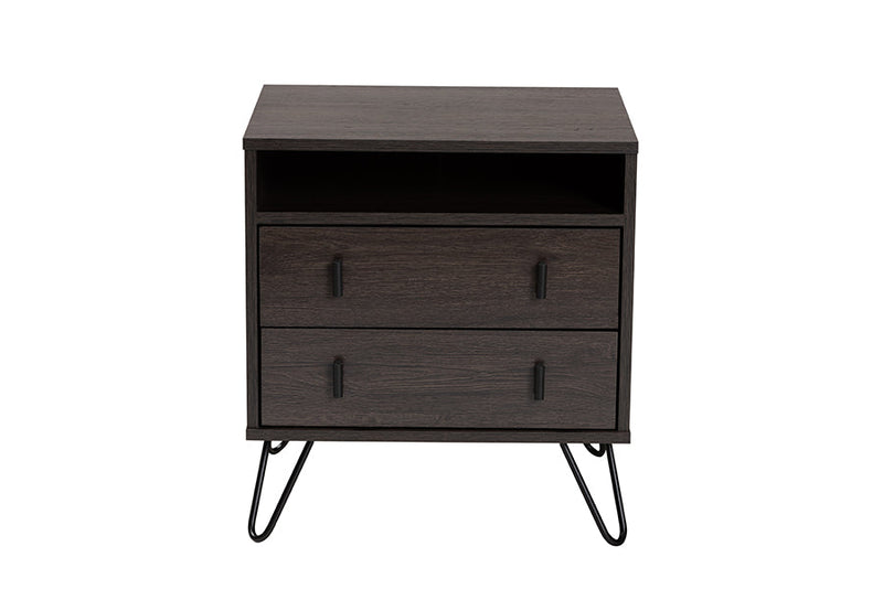 Chenoa Dark Brown and Black Metal 2-Drawer Nightstand Baxton