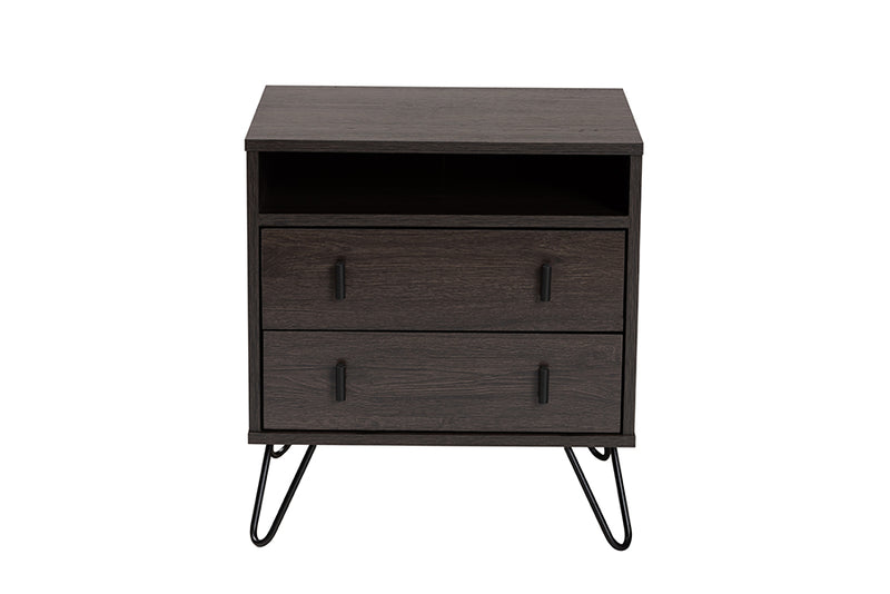 Chenoa Modern and Contemporary Dark Brown Finished Wood and Black Metal 2-Drawer Nightstand