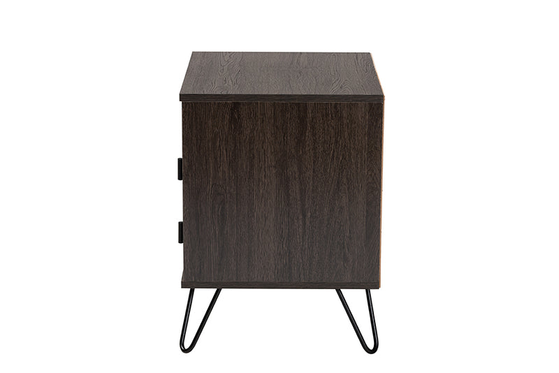 Chenoa Modern and Contemporary Dark Brown Finished Wood and Black Metal 2-Drawer Nightstand