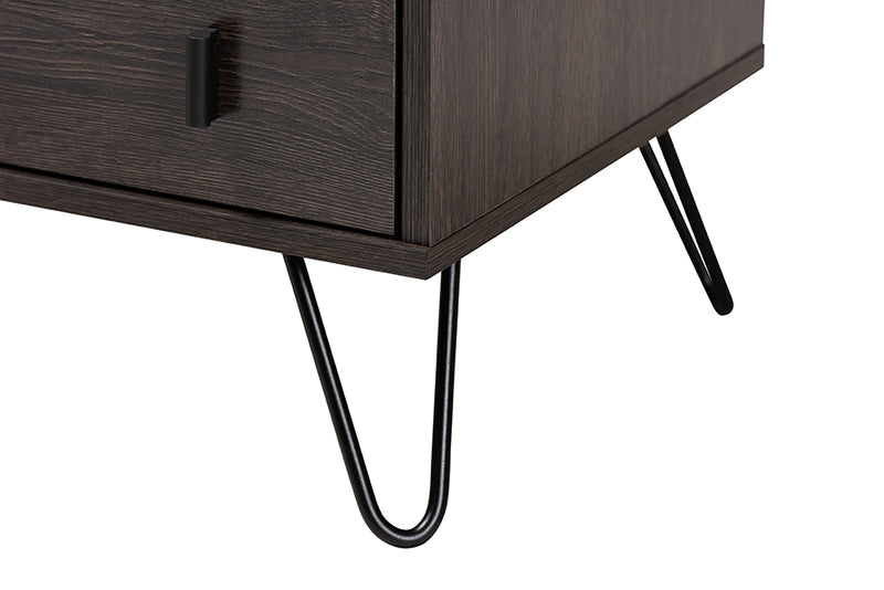 Chenoa Modern and Contemporary Dark Brown Finished Wood and Black Metal 2-Drawer Nightstand