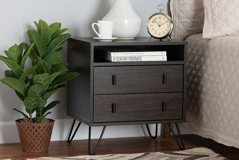 Chenoa Modern and Contemporary Dark Brown Finished Wood and Black Metal 2-Drawer Nightstand