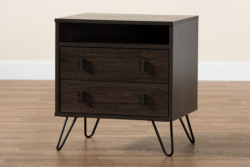 Chenoa Modern and Contemporary Dark Brown Finished Wood and Black Metal 2-Drawer Nightstand