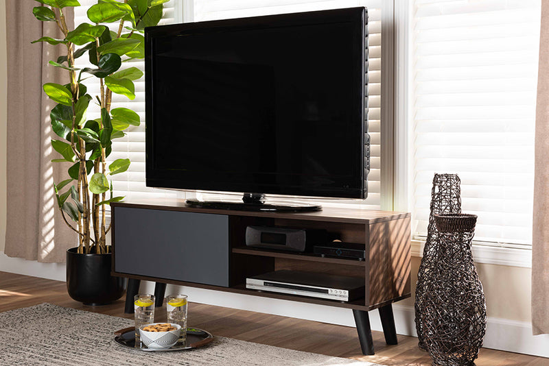 Angie Modern and Contemporary Two-Tone Walnut Brown and Gray Finished Wood TV Stand